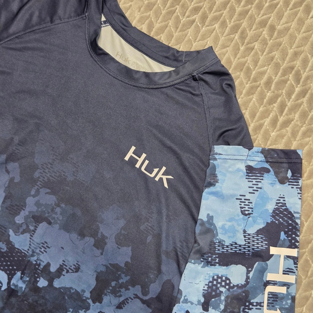 Huk Mens Performance Fishing‎ Shirt XL Blue Camo Marlin Long Sleeve H1200289